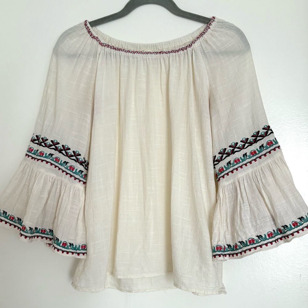 Ivory Sheer Embroidered Top Size Small Flowy Gauzy Bell Sleeve Boho Hippie